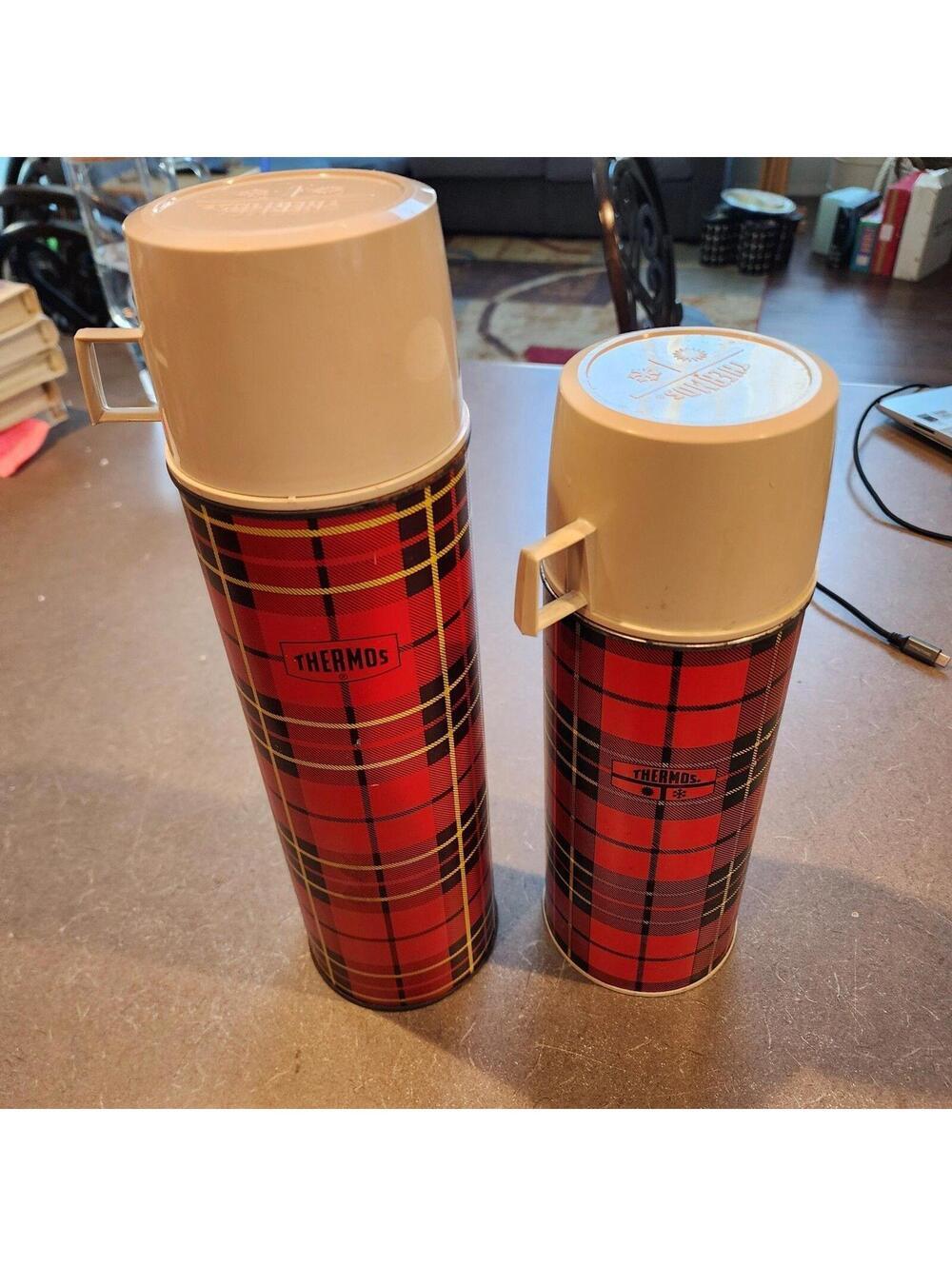 Vintage Thermos Red Plaid Vacuum Bottle Set Mid Century Camping Picnic